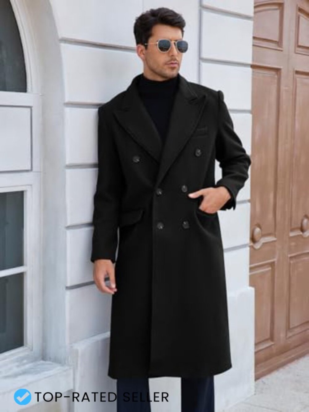 Wool Blend Notched Collar Long Trench Coat Double Breasted Winter Overcoat - Picture 3 of 5